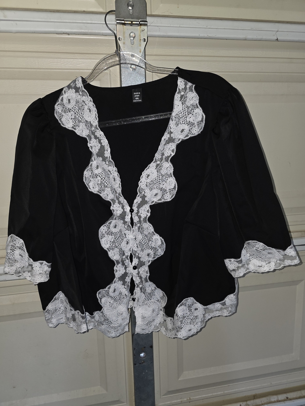 SHEIN Black Blouse with White Lace Trim